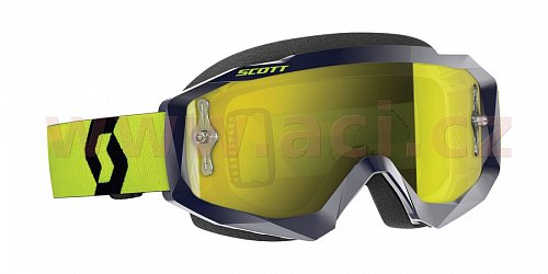 brýle HUSTLE MX, SCOTT - USA (modré/bílé,žluté chrom plexi s čepy pro slídy)
